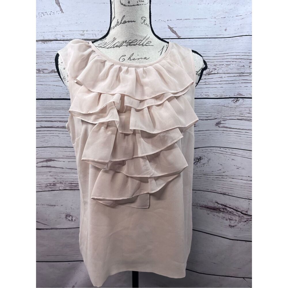 Cabi Ruffle Front Sleeveless Blouse Top Beige Sheer Size S Style 643
